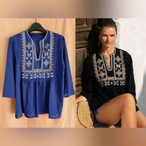 Blue Boho Embroidered V Neck 3/4 Sleeves Loose Tunic Blouse/Top